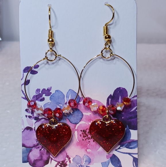 Hand-made Earrings Red enameled Heart charms and crystals on gold-plated wire - Picture 1 of 4
